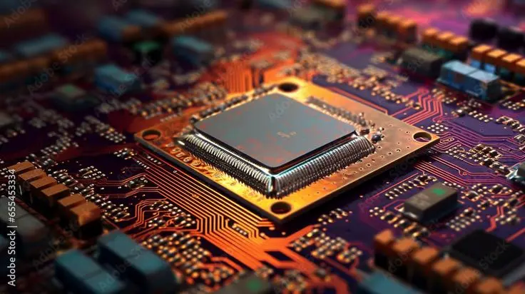 نمای میکروسکوپی یک تراشه کامپیوتری با لایه‌های مختلف مواد