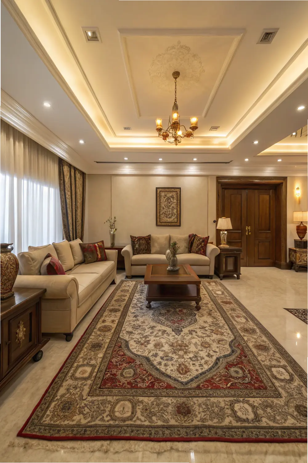 عناصر دکوری سنتی مانند گچ‌بری و سفالینه‌ها در دکوراسیون پذیرایی