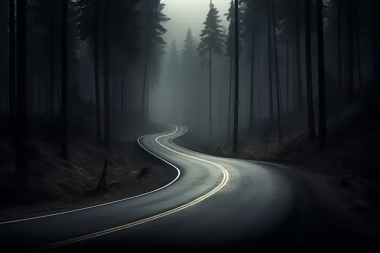 نمایی از جاده‌های کوهستانی در شب