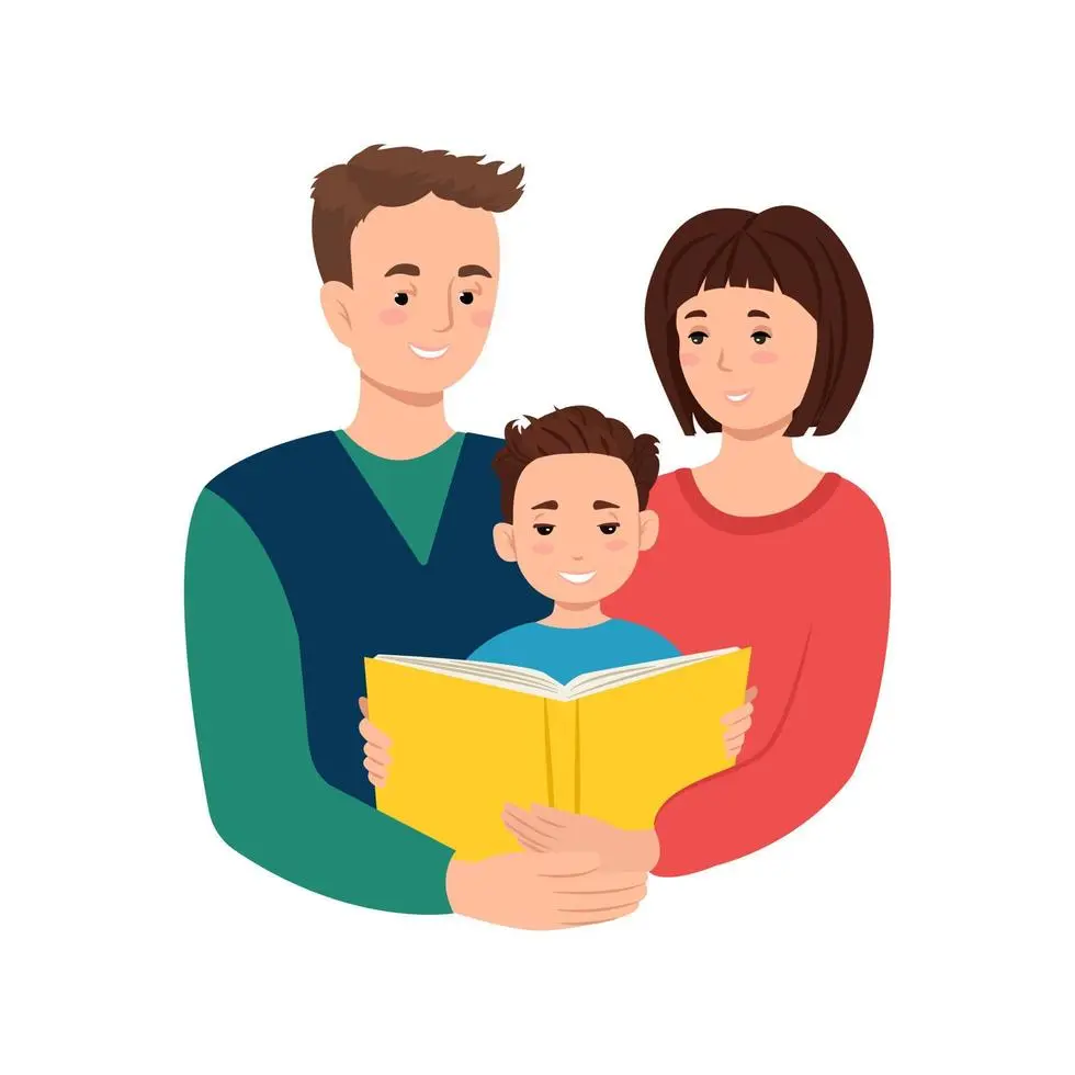 والدین و کودک در حال مطالعه مشترک با کتاب در دست