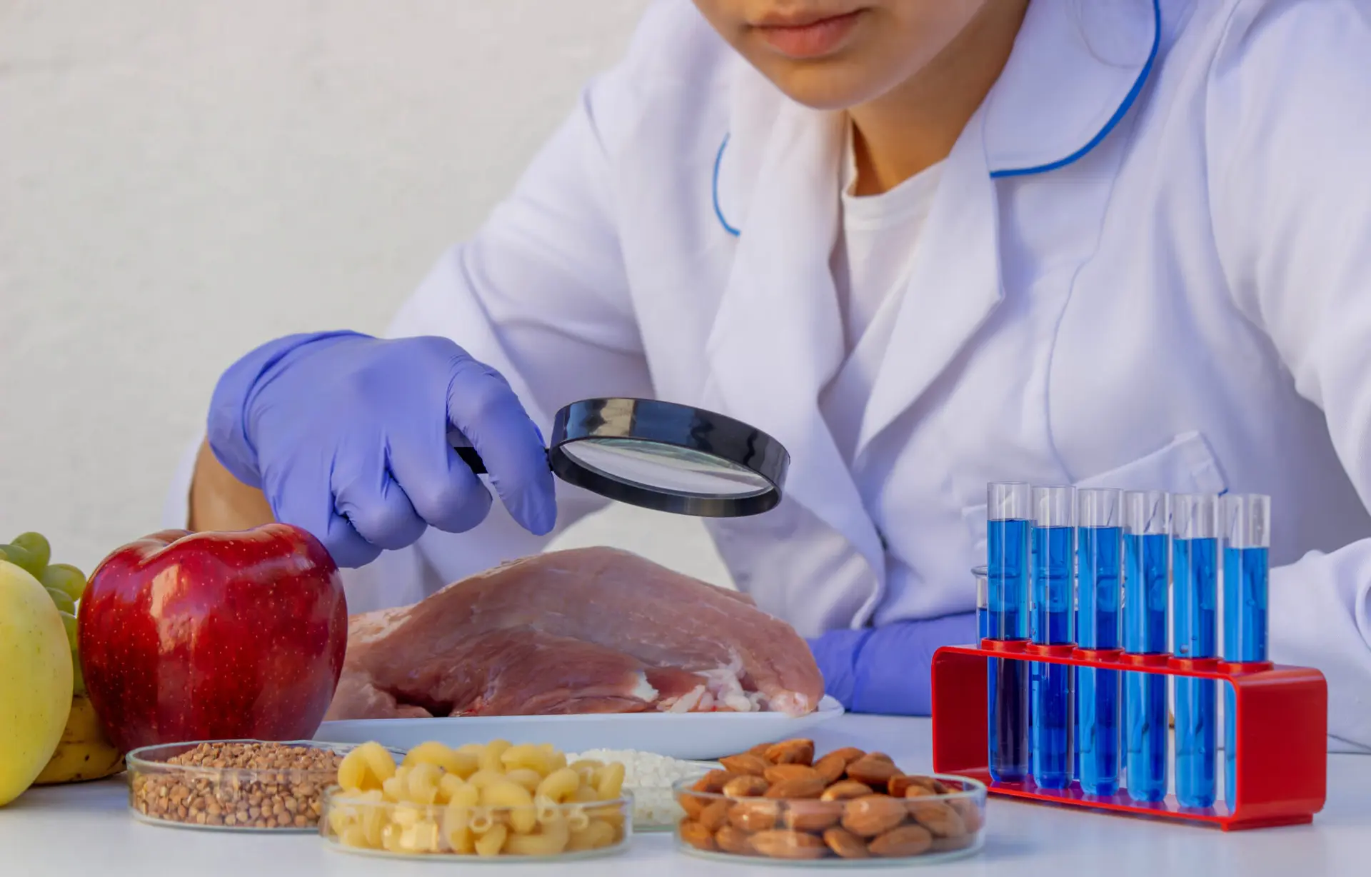 کارشناسان در آزمایشگاه در حال بررسی کیفیت گوشت و مواد اولیه برای اطمینان از ایمنی و مطابقت با استانداردها