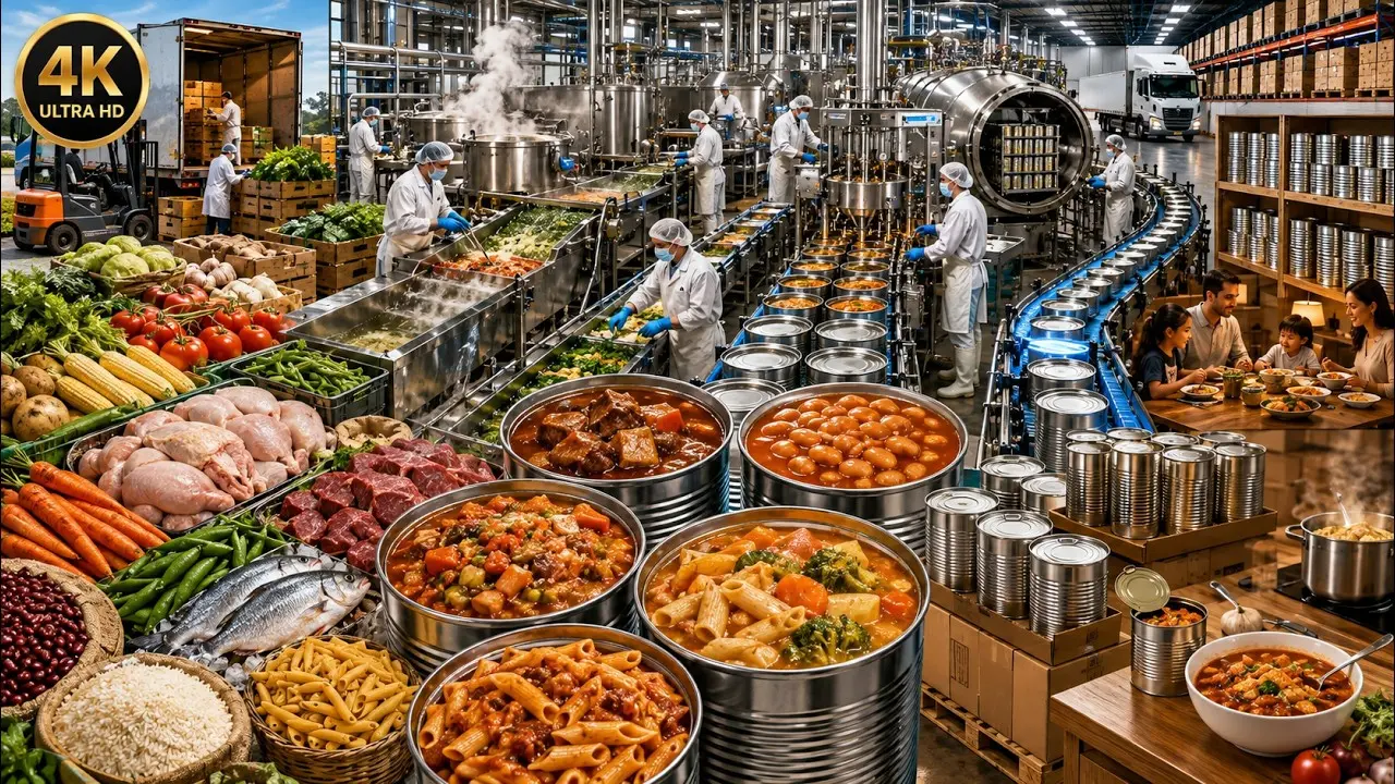 مواد اولیه غذایی مانند گندم، گوشت و میوه در انبار یک کارخانه