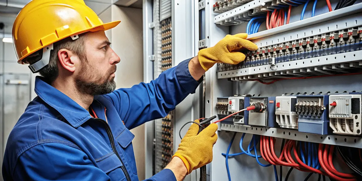 برقکار صنعتی در حال کار بر روی پانل‌های الکتریکی کارخانه