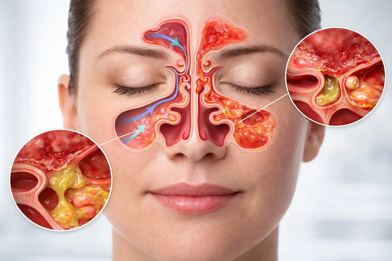 medical illustration showing sinus anatomy and possible blockages