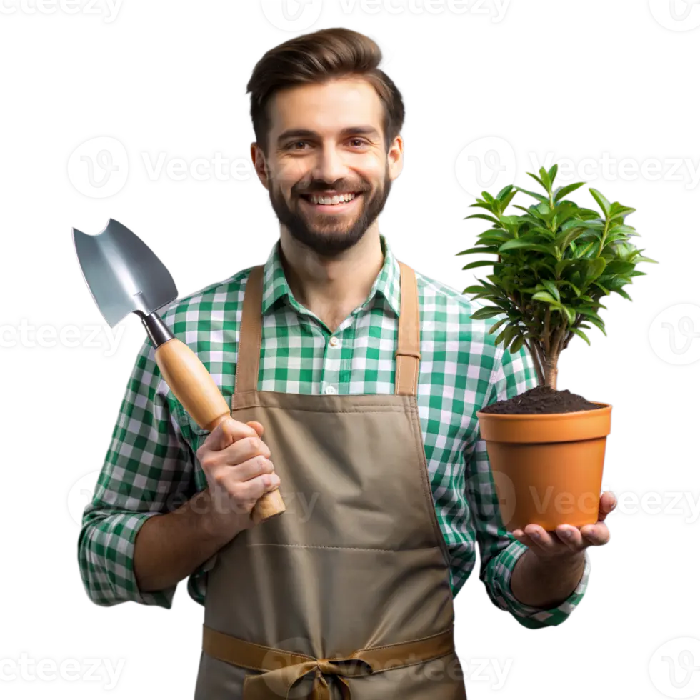 باغبان حرفه‌ای با کفش باغبانی و گلدان در دست